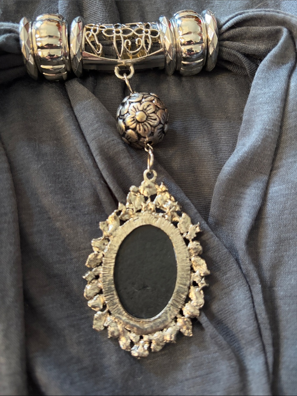 Gray Cameo Pendant Scarf Necklace - Women's Fashion Jewelry - Picture 14 of 14